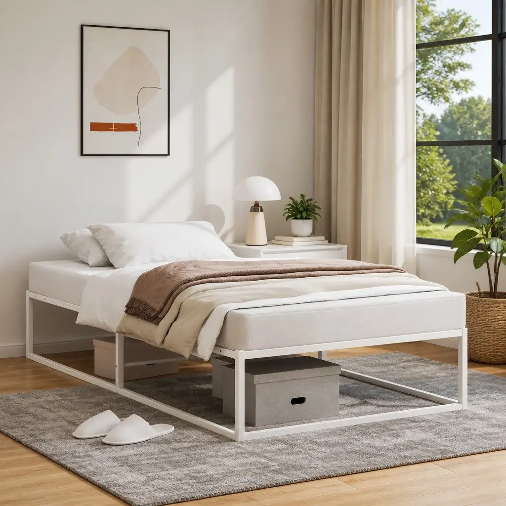 Metal Bed Frame White Slatted Base 92x187 cm with Under Bed Storage Space