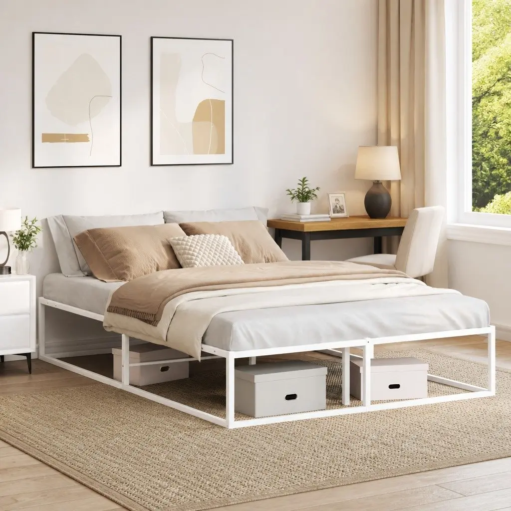 White Metal Bed Frame Slatted Base 137x187 cm Under Bed Storage Furniture