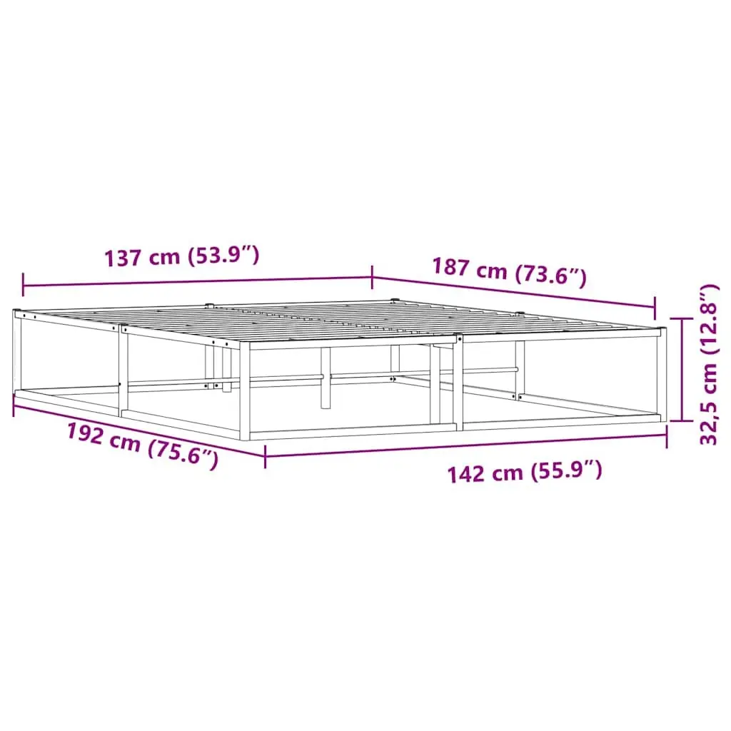 White Metal Bed Frame Slatted Base 137x187 cm Under Bed Storage Furniture