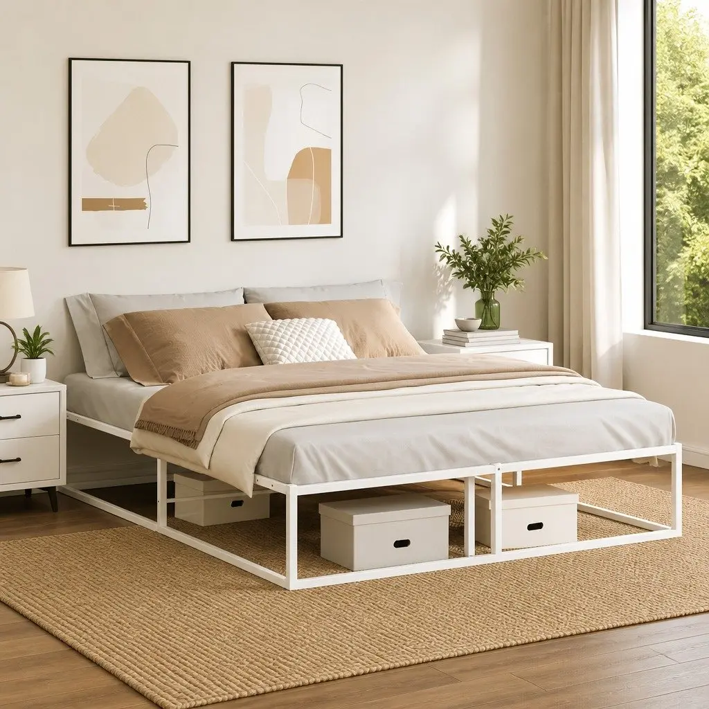 Queen Size White Metal Bed Frame Slatted Base Durable Construction Bedroom Furniture 153x203 cm