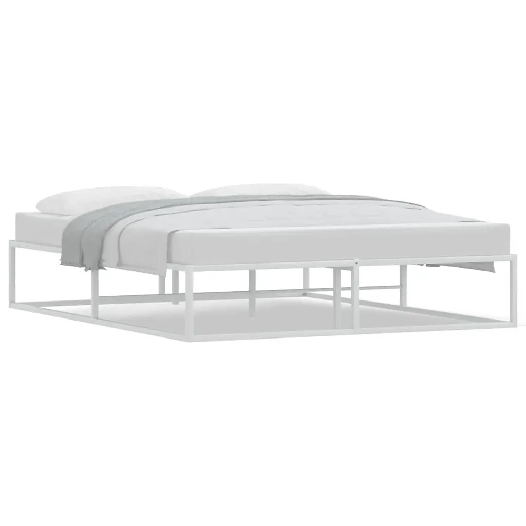 Queen Size White Metal Bed Frame Slatted Base Durable Construction Bedroom Furniture 153x203 cm