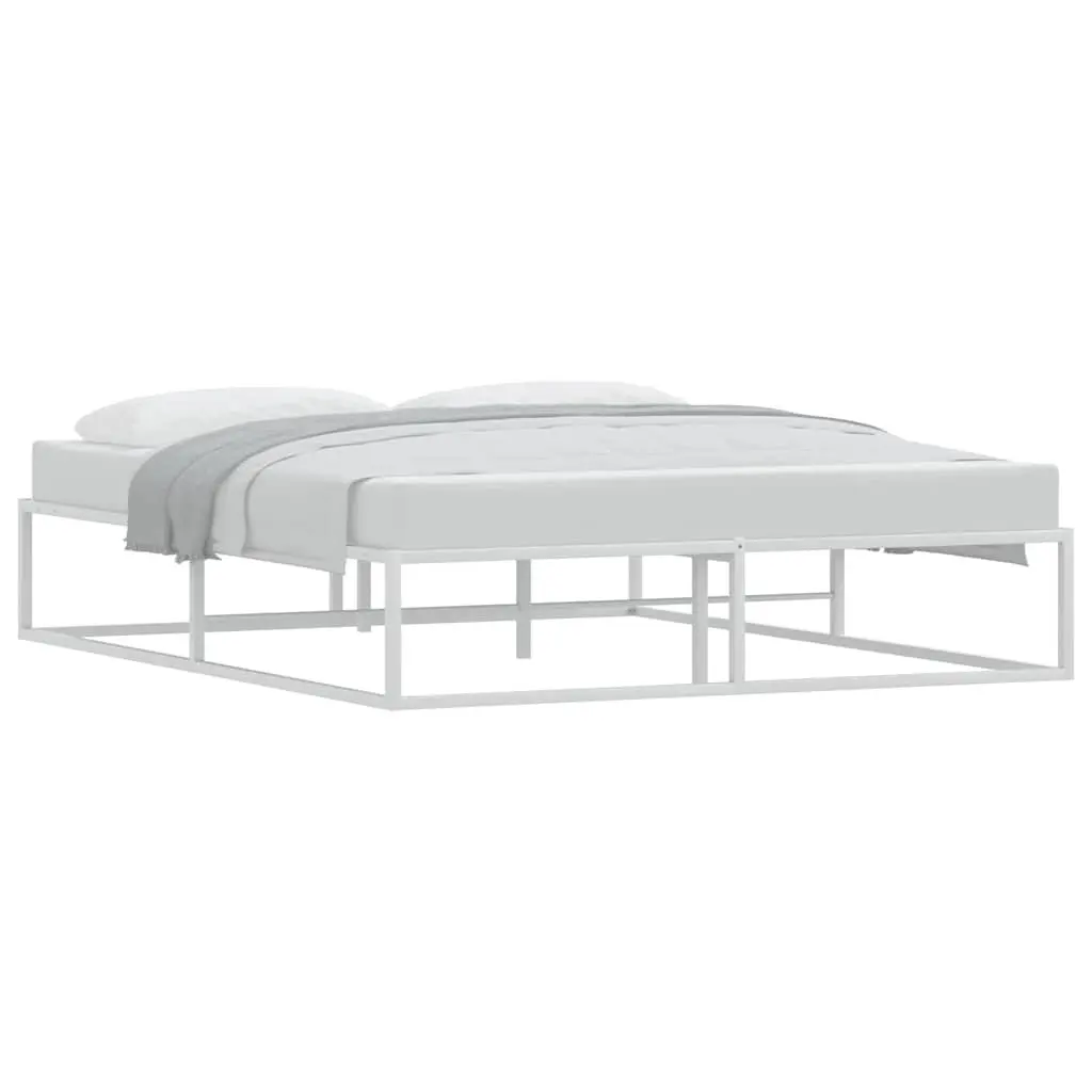 Queen Size White Metal Bed Frame Slatted Base Durable Construction Bedroom Furniture 153x203 cm
