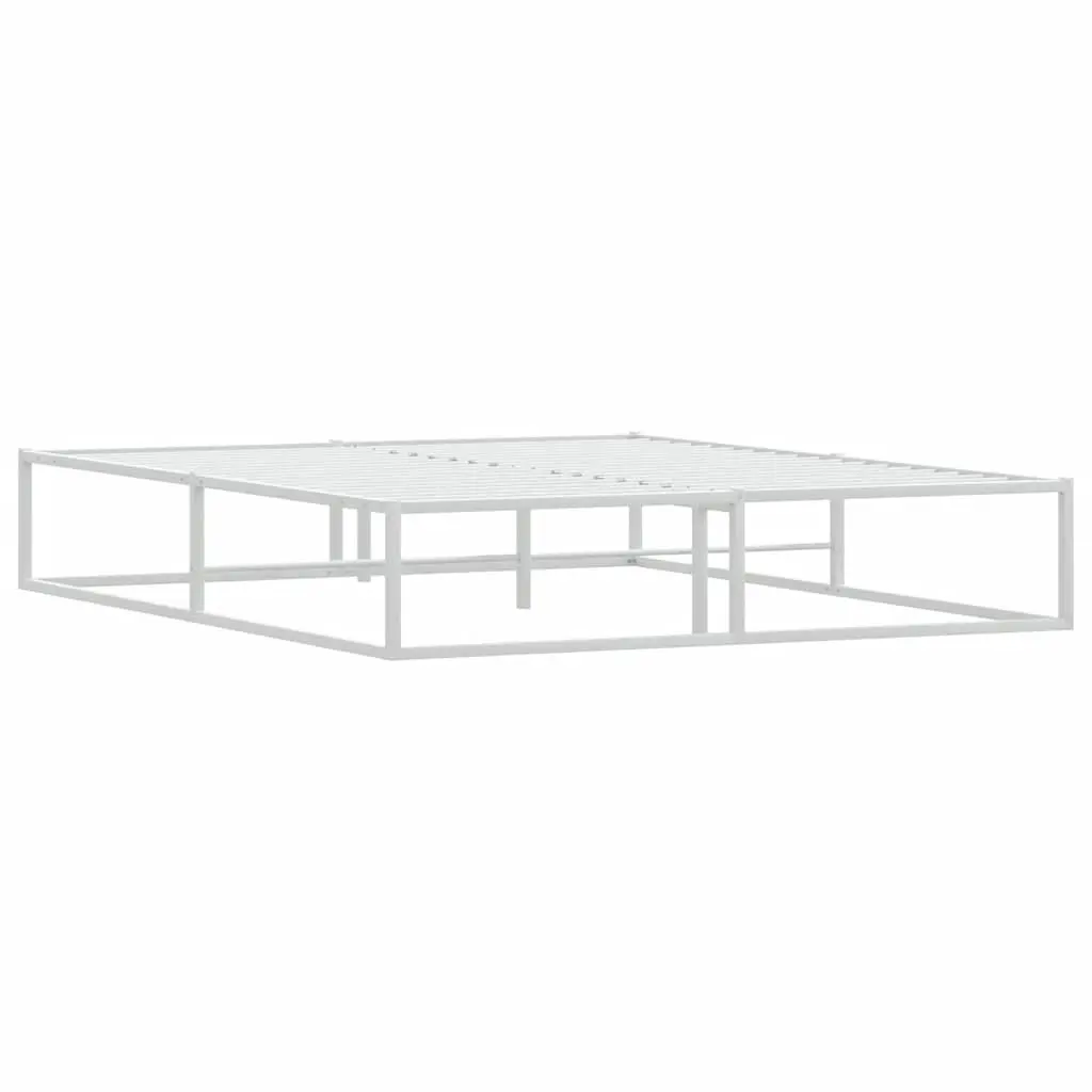 Queen Size White Metal Bed Frame Slatted Base Durable Construction Bedroom Furniture 153x203 cm