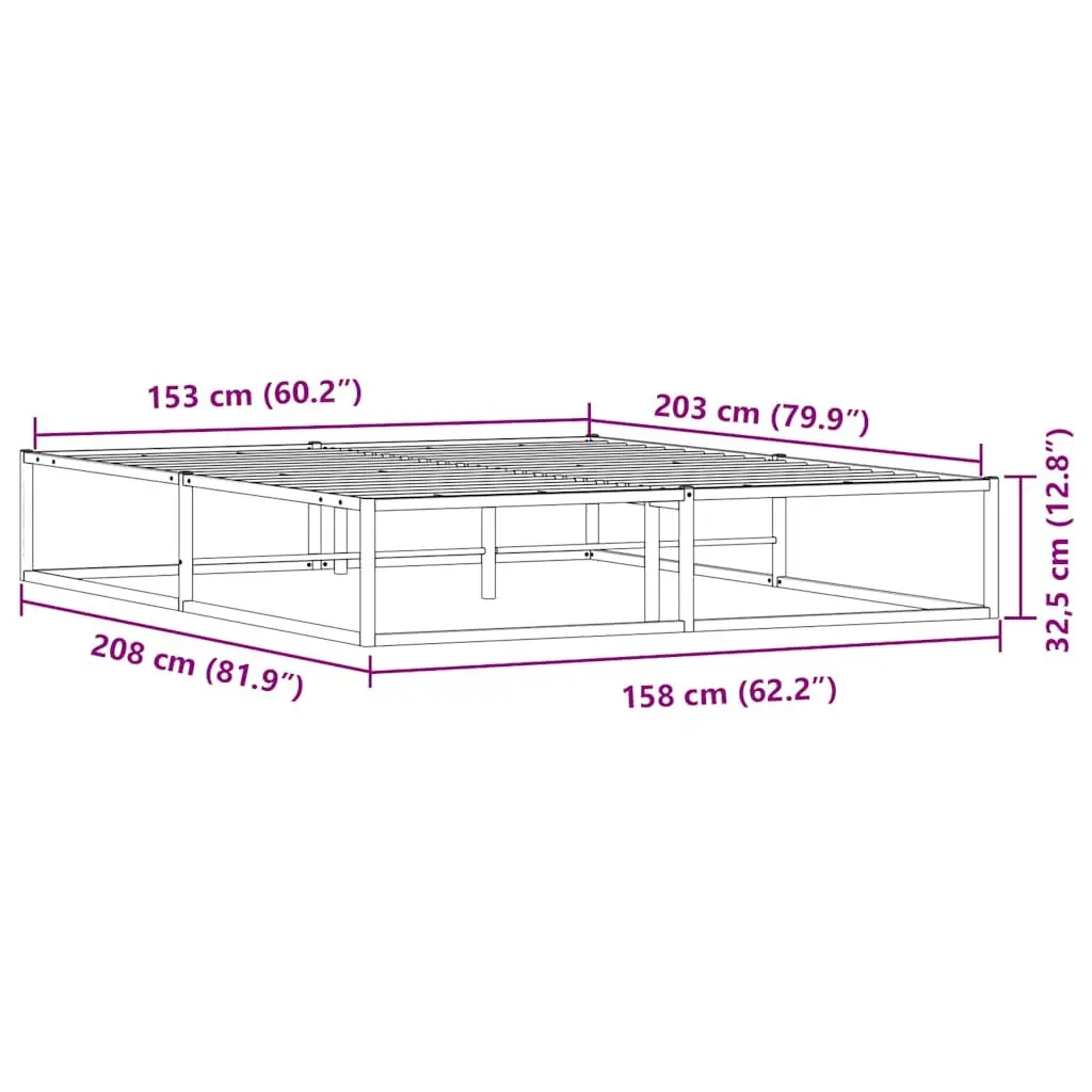 Queen Size White Metal Bed Frame Slatted Base Durable Construction Bedroom Furniture 153x203 cm