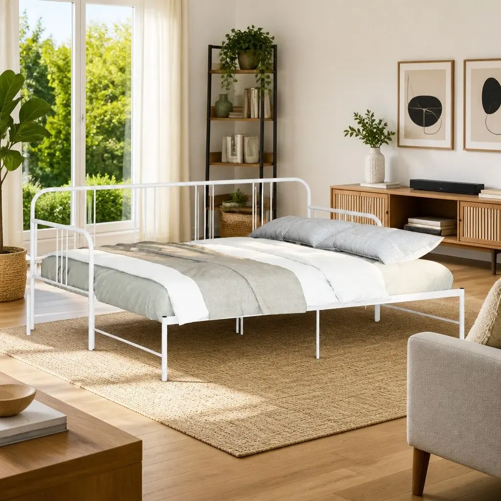 Trundle Daybed Metal Frame White 92x187cm Convertible Sofa Bed for Living Room and Bedroom