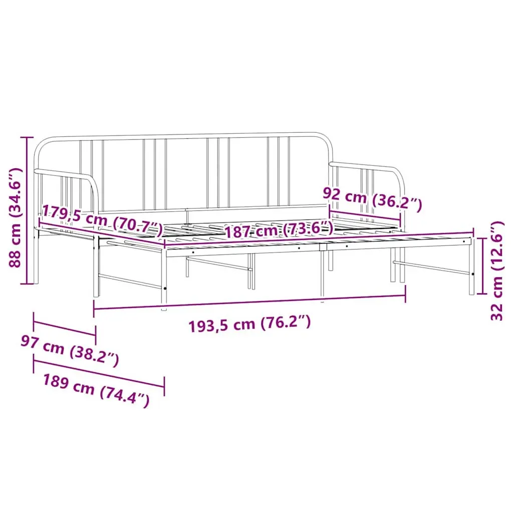 Trundle Daybed Metal Frame White 92x187cm Convertible Sofa Bed for Living Room and Bedroom
