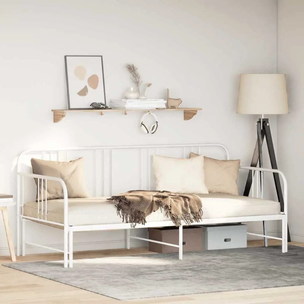 Trundle Daybed Metal Frame White 92x187cm Convertible Sofa Bed for Living Room and Bedroom