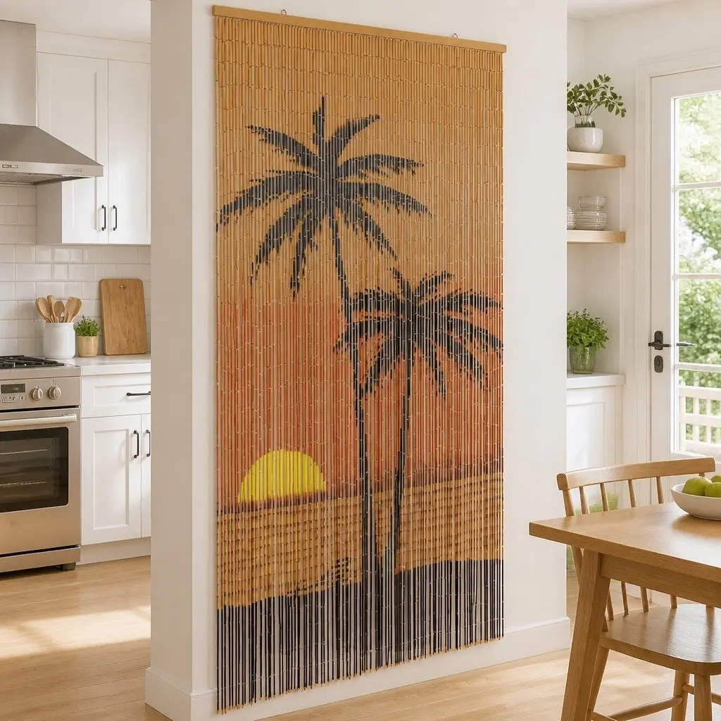 Insect Door Curtain Bamboo Fly Screen 100x200 cm Multicolour Double-Sided Palm Tree Print Room Divider