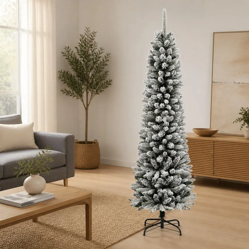 Artificial Slim Christmas Tree Flocked Snow White 210cm PVC PE