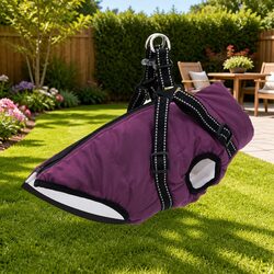 Dog Coat with Built-in Harness Waterproof Reflective Winter Pet Jacket L Purple
