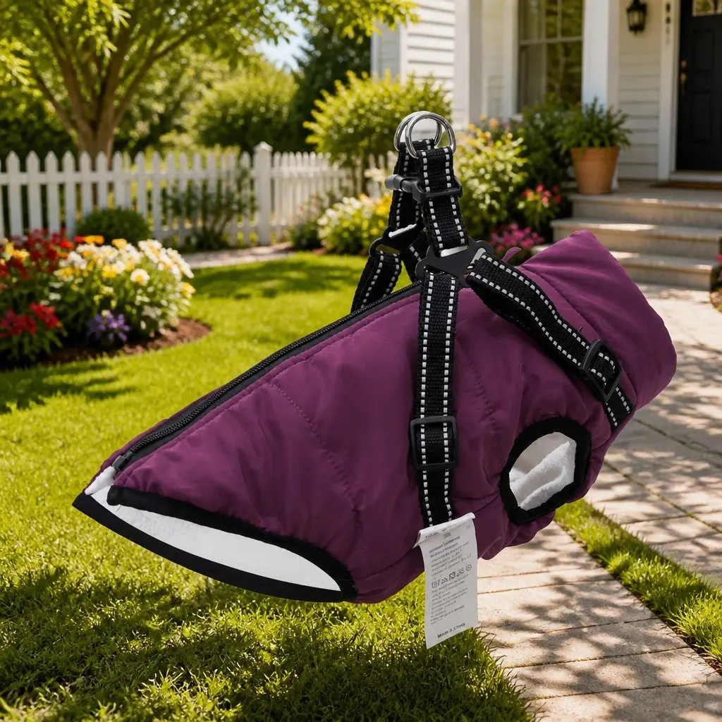 Dog Coat with Harness for Cold Weather Use 2XL Purple