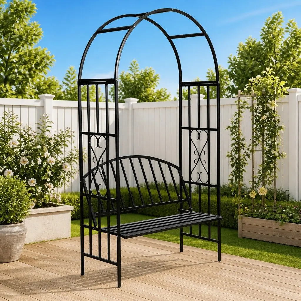 Garden Arch Bench Outdoor Structure Metal Black
