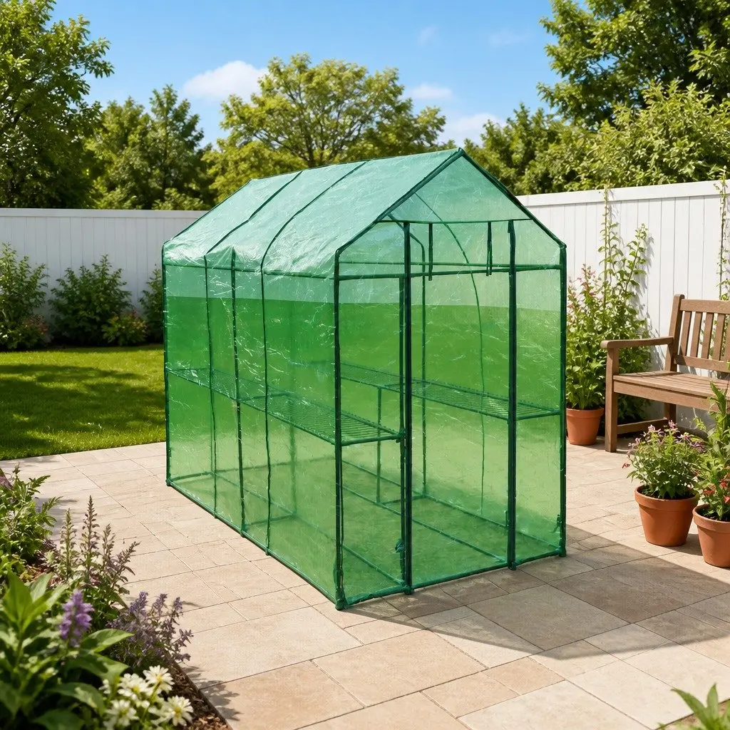 Walk-in Greenhouse Transparent Green Cover Sturdy Powder-coated Steel Frame for Plants and Flowers