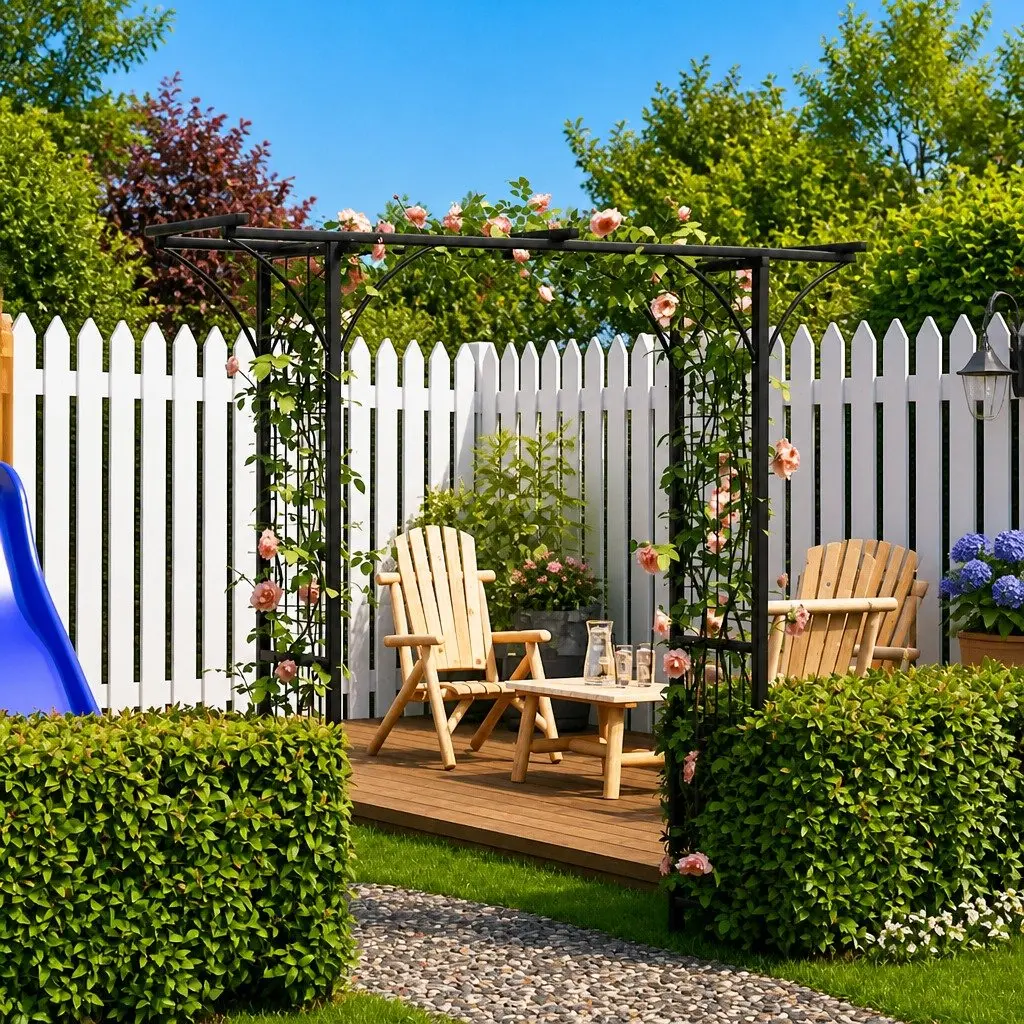 Climbing Plant Support Frame Durable Iron Garden Arch Black 200cm Wide Outdoor Structure