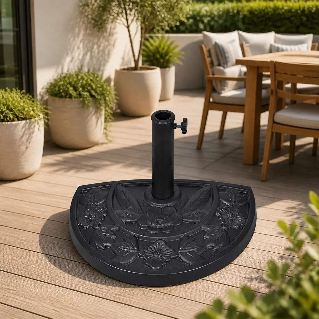Half Round Outdoor Umbrella Stand Resin Black Durable Garden Patio Base