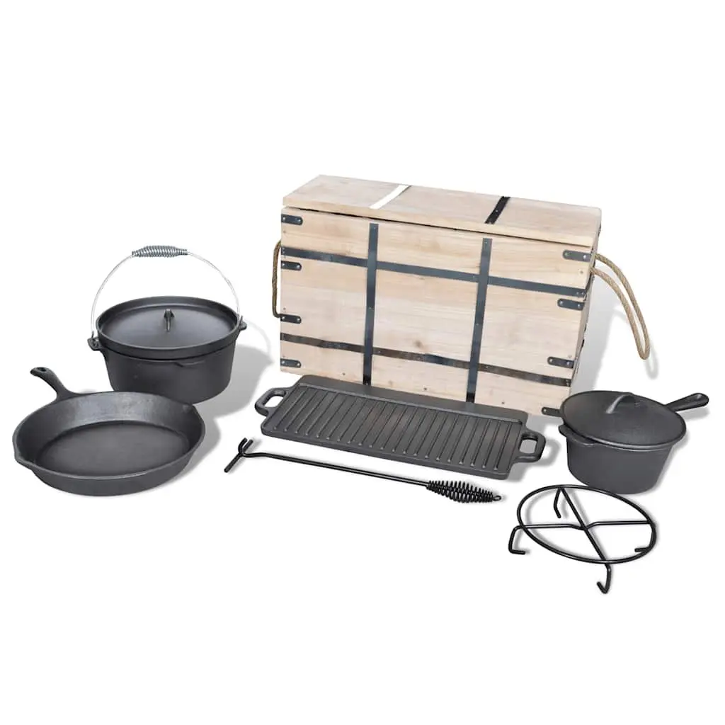 9 Piece Outdoor Cooking Set Steel Black Cookware for Camping BBQ Picnic with Grill Pan and Accessories