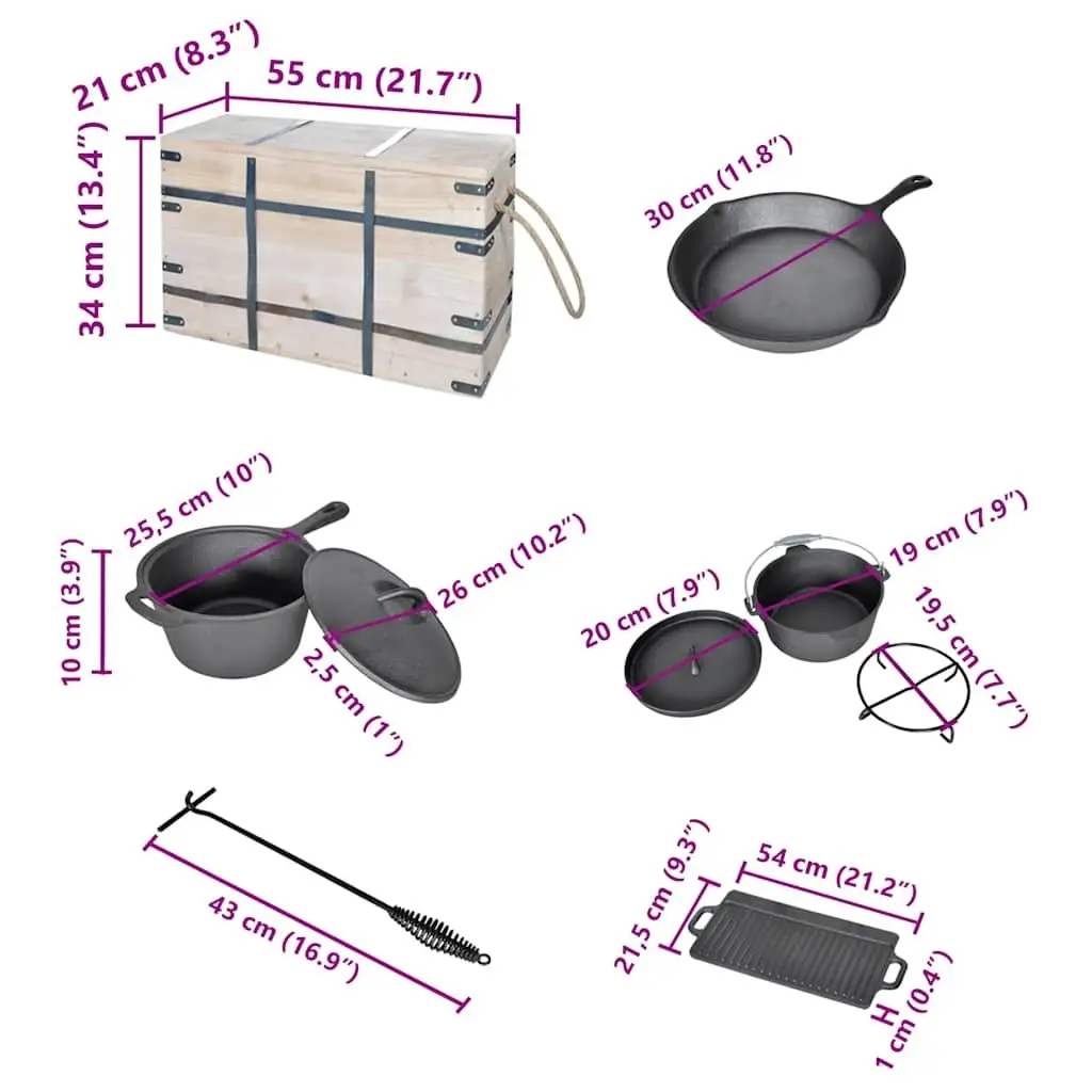 9 Piece Outdoor Cooking Set Steel Black Cookware for Camping BBQ Picnic with Grill Pan and Accessories