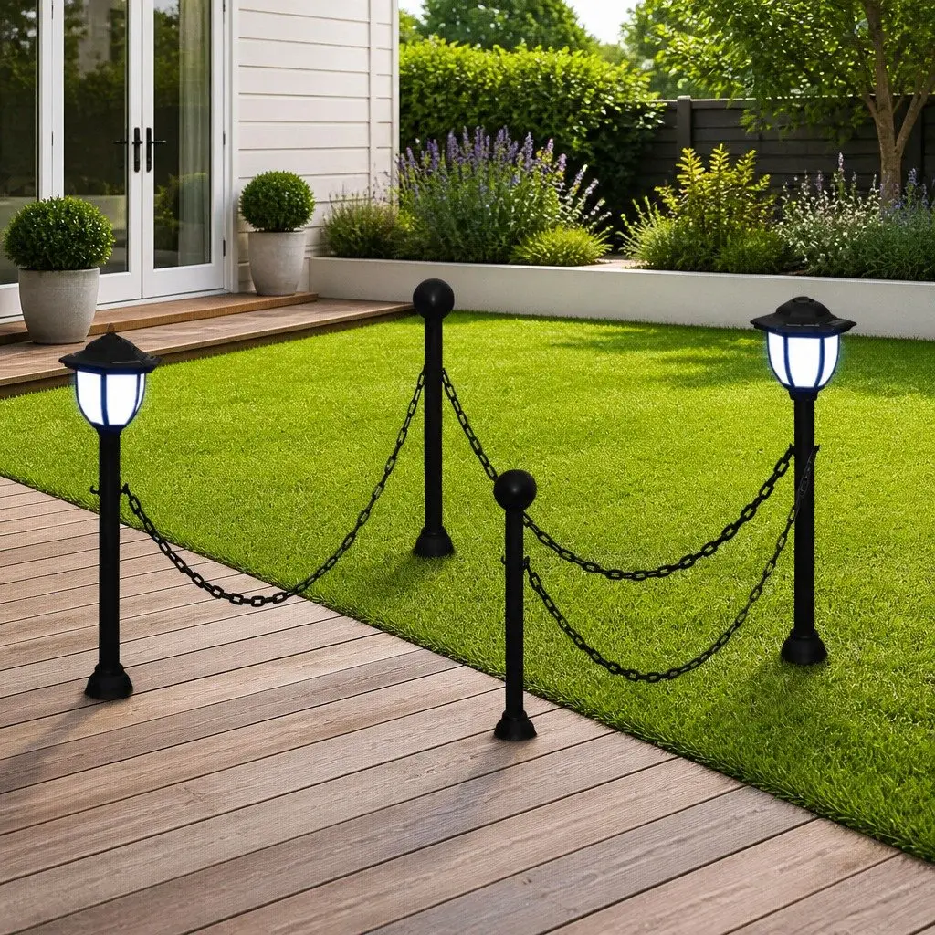 Solar Lights Chain Fence Outdoor Garden Patio Lighting Grey Two LED Lamps Poles