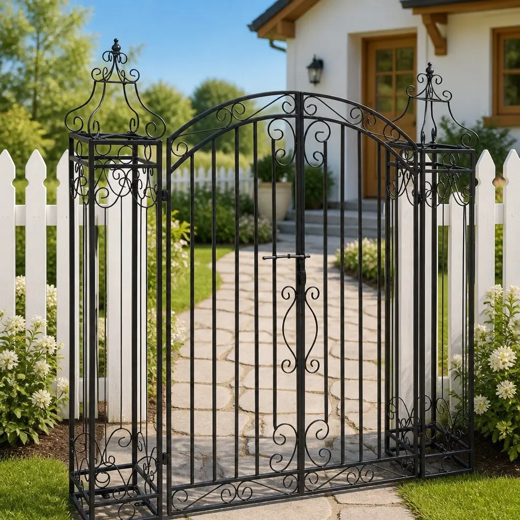 Ornamental Wrought Iron Garden Gate Black Outdoor Fencing Barrier 122x20.5x134cm