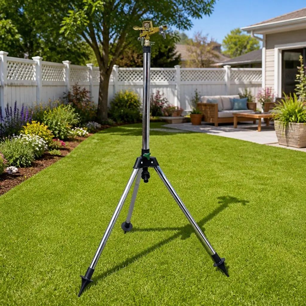 Impulse Sprinkler with Tripod Base Garden Watering Adjustable Spray Angles Silver