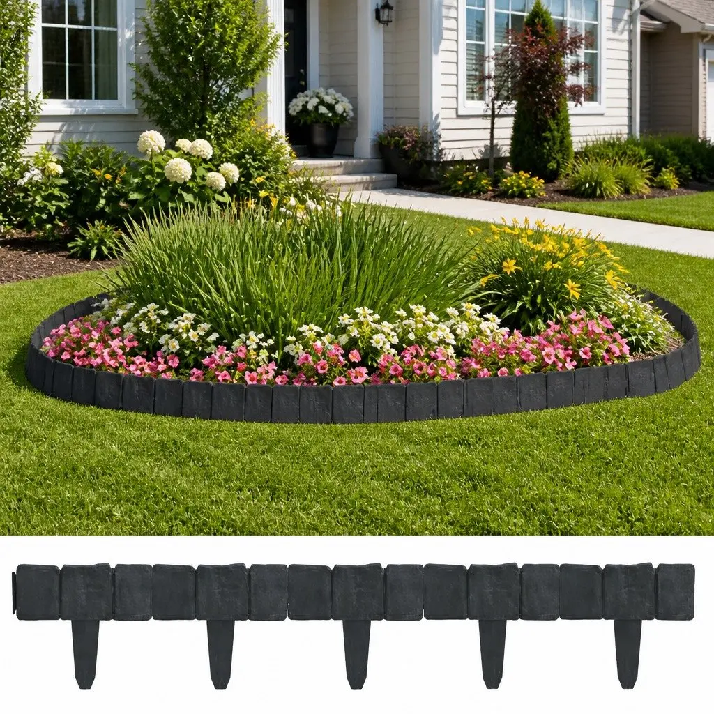 Garden Lawn Fence Edging Plastic 10m Grey Stone Look Outdoor Borders Spike