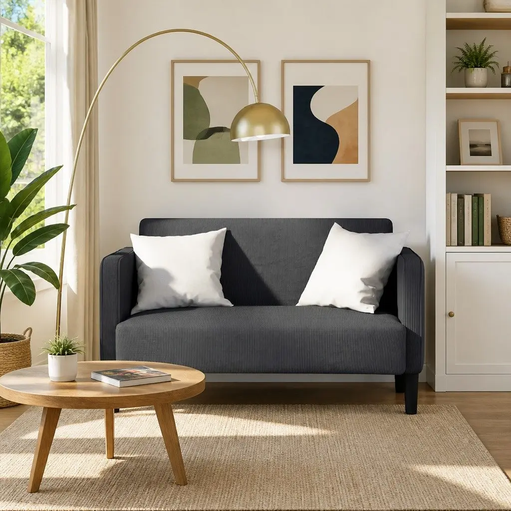 Loveseat Sofa Grey Corduroy Upholstery 109cm Two Seater Couch