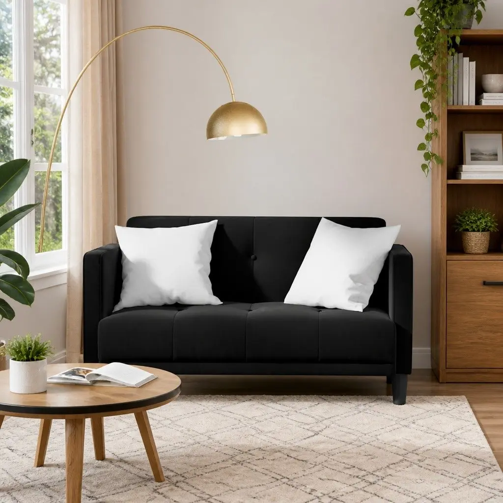 Loveseat Sofa Black 111cm Velvet Fabric Compact Two Seater Couch Living Room