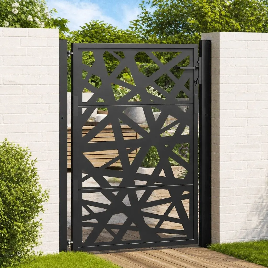 Garden Gate 100x125cm Black Steel Outdoor Fence Entry Laser-Cut Design Lockable