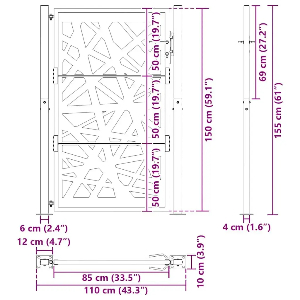 Garden Gate Black 100x150cm Steel Laser-Cut Design Lockable Entrance Patio Fence
