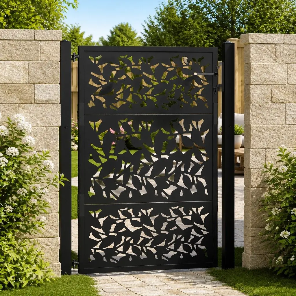 Garden Gate Black 100x125cm Steel Laser-Cut Design Outdoor Fencing Entrance