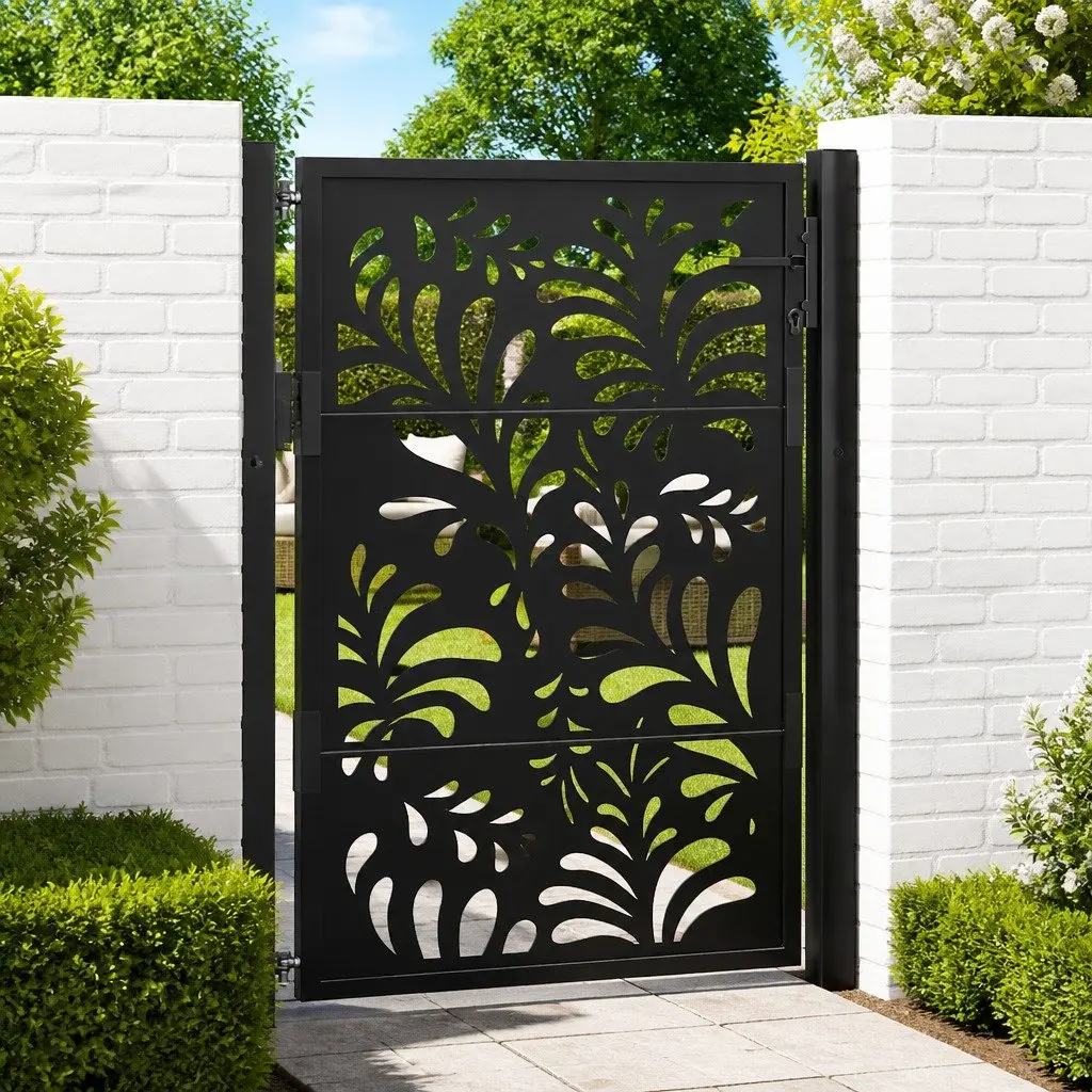 Garden Gate Black 100x125 cm Steel Wave Design Laser Cut Security Entrance
