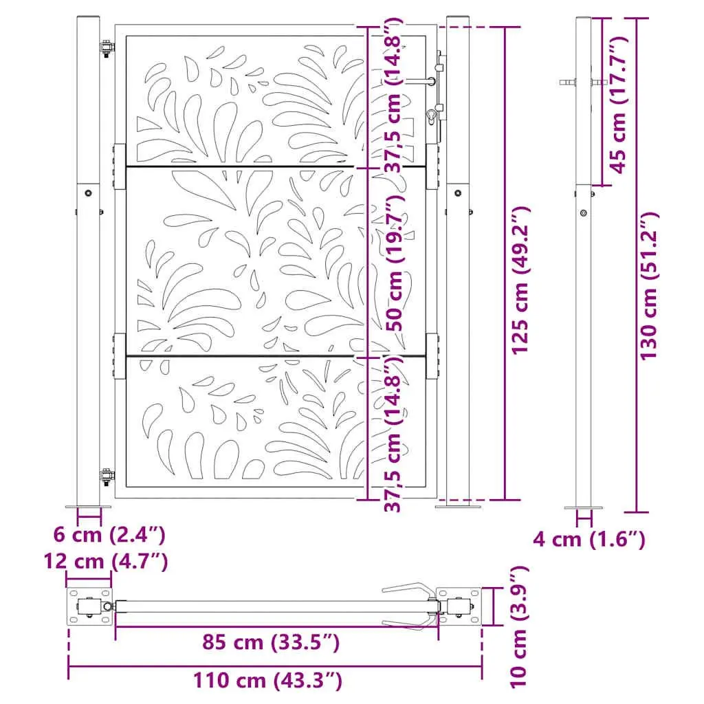 Garden Gate Black 100x125 cm Steel Wave Design Laser Cut Security Entrance