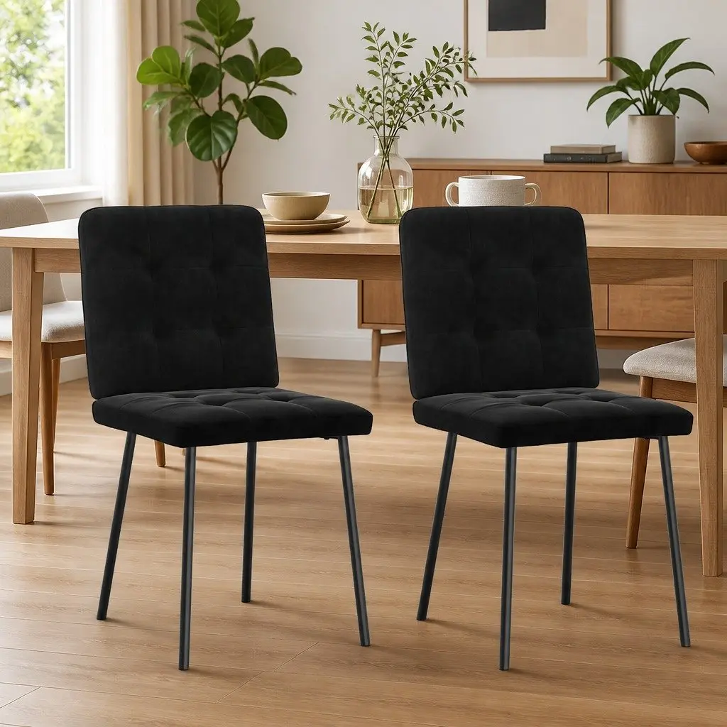 Set of 2 Dining Chairs Black Velvet Foam Padded Seat Upholstered Kitchen Room Furniture