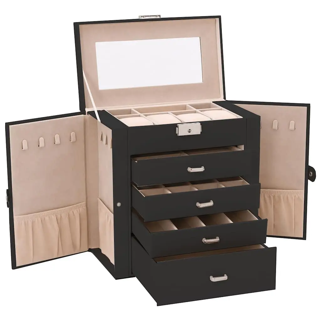 Jewellery Box 5-Layer Velvet Black Lockable Organiser with Mirror