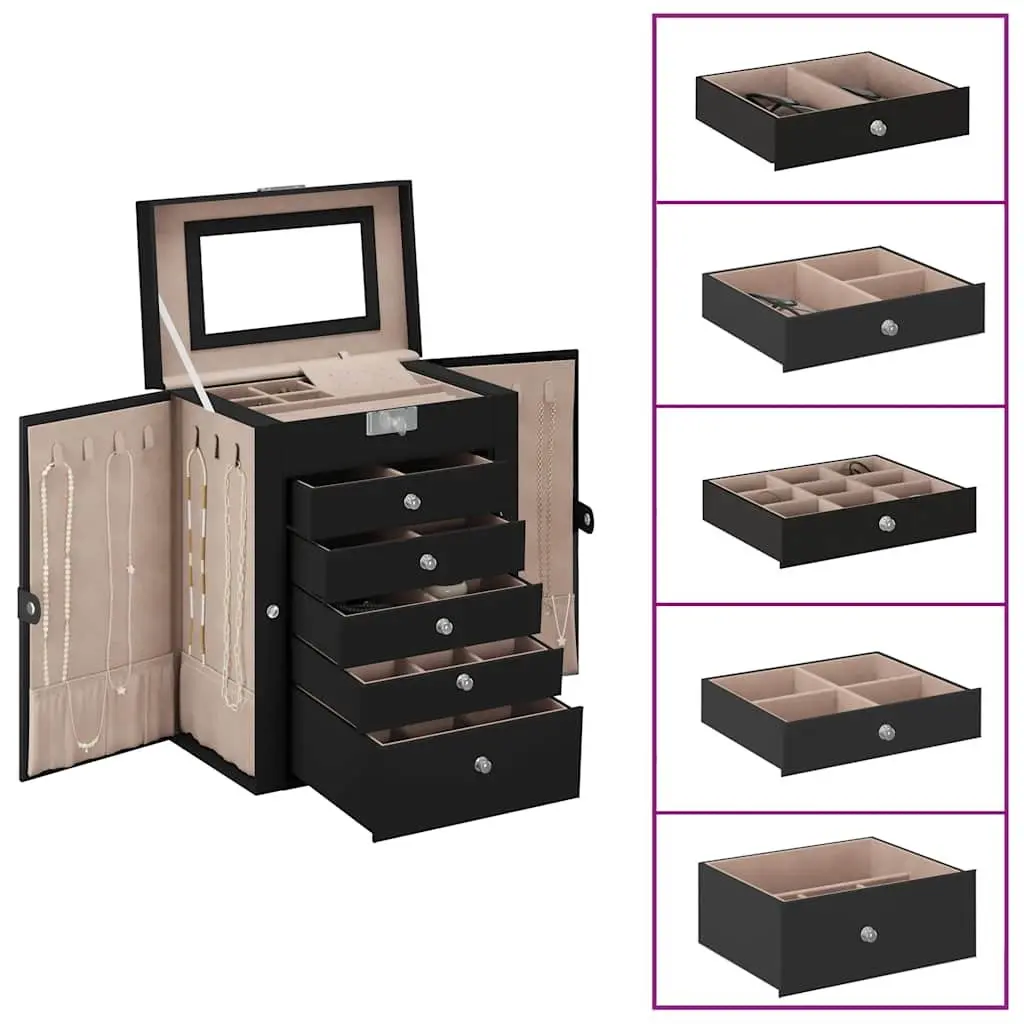 Jewellery Box Velvet Lining 6 Layer Black Organiser Storage Case with Mirror