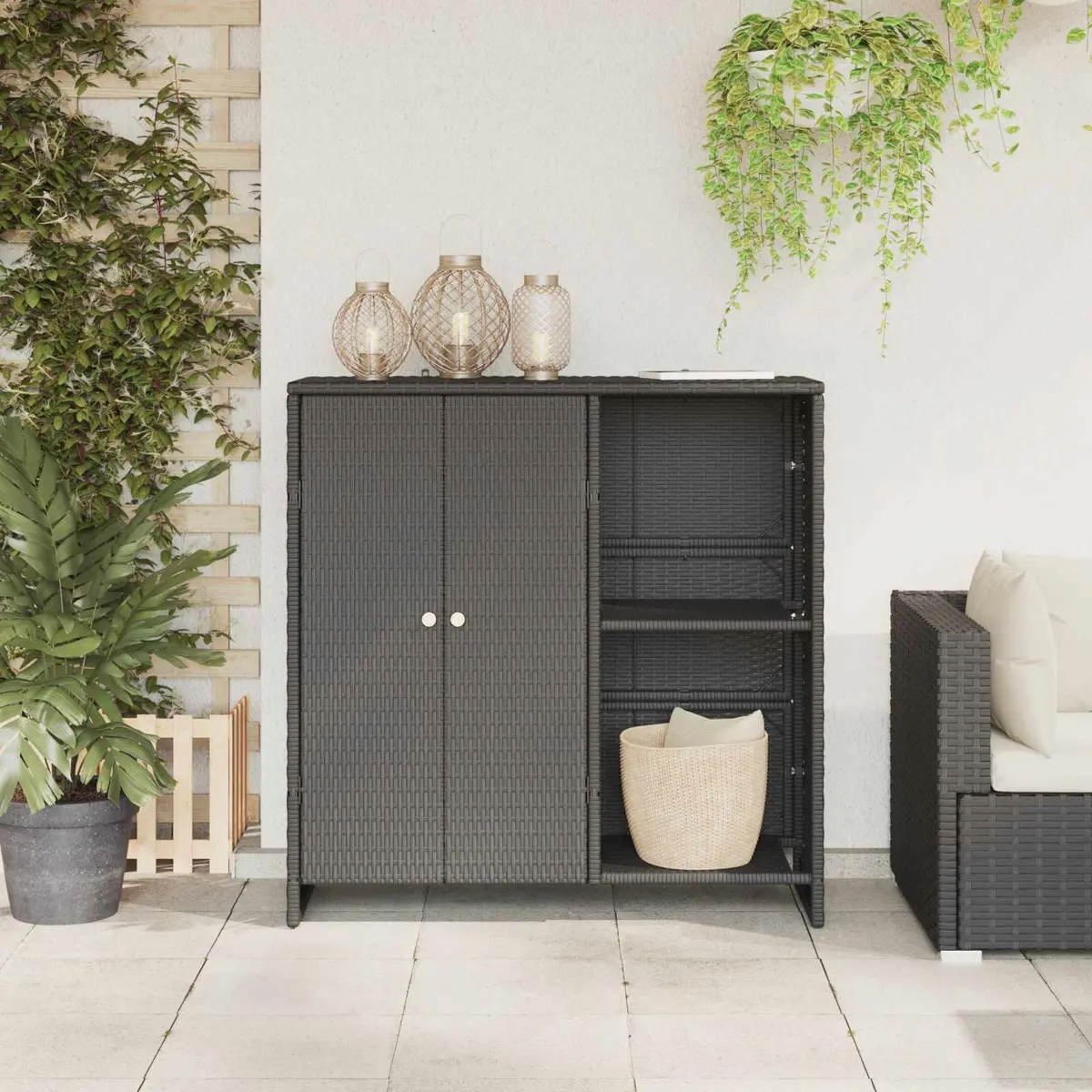 Storage Cabinet Rattan Rectangular Black Modern Living Room Organizer