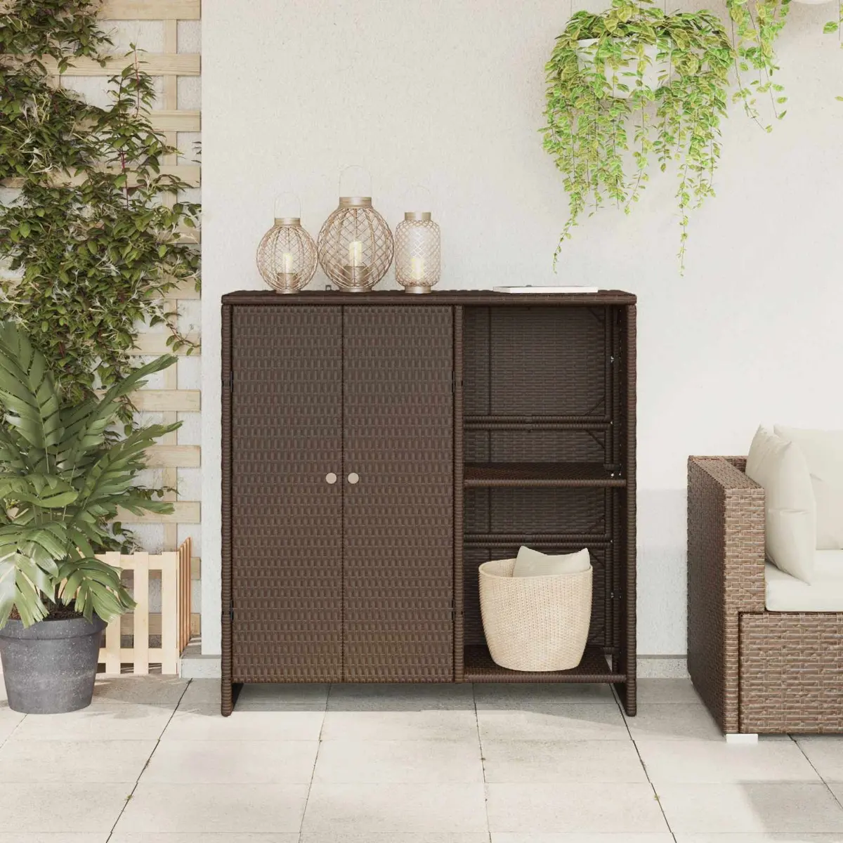 Rattan Storage Cabinet Brown Rectangular Living Room Furniture with Adjustable Shelving