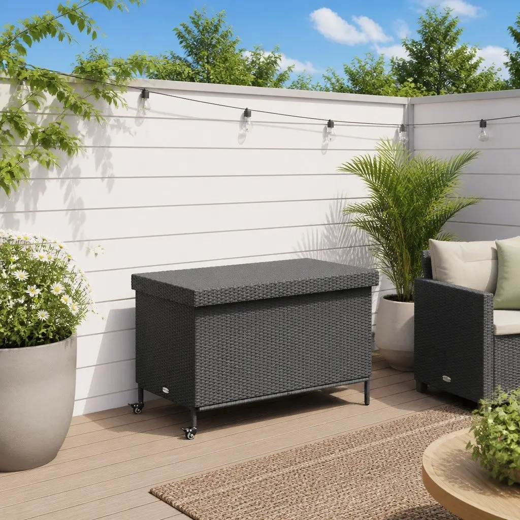 Garden Storage Box PE Rattan Powder-Coated Steel 110 x 55 x 73 cm Black