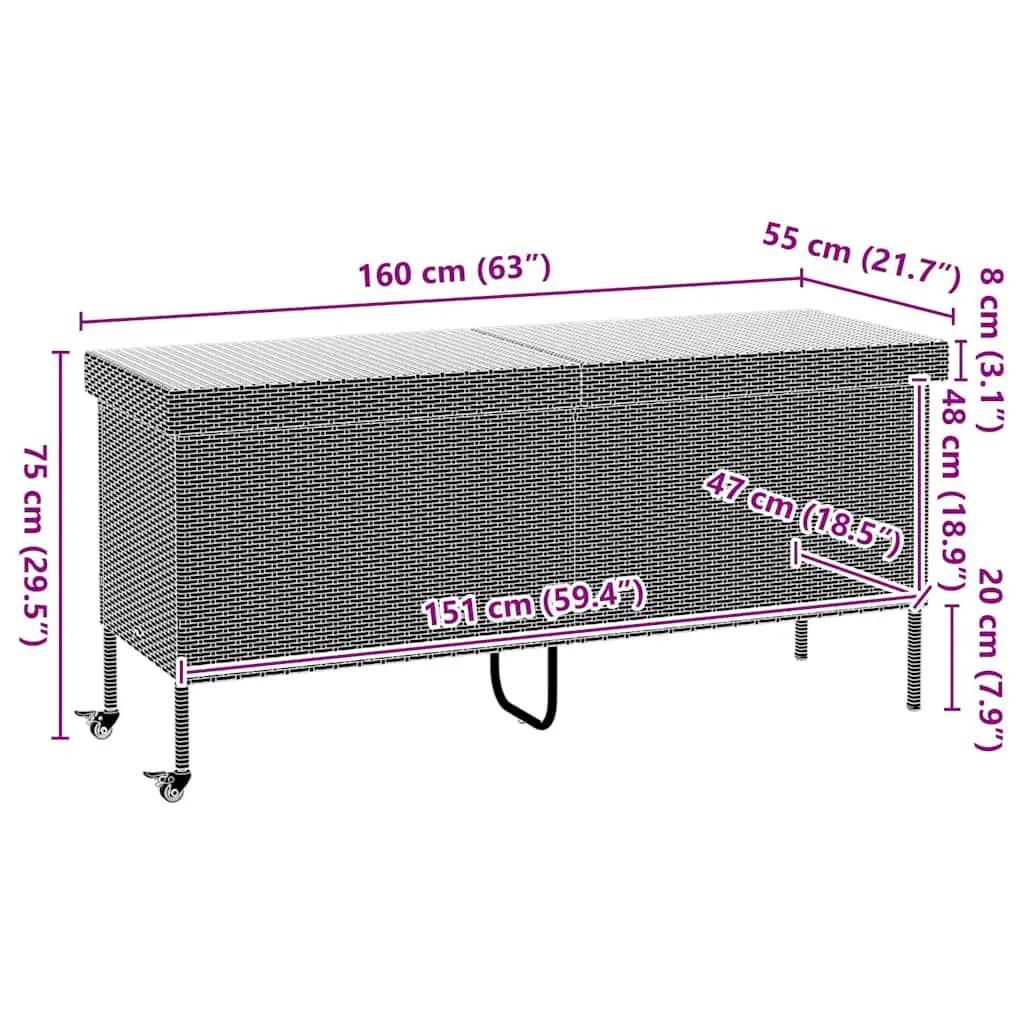 Garden Storage Box PE Rattan 160 x 55 x 75 cm Grey with Wheels and Handle