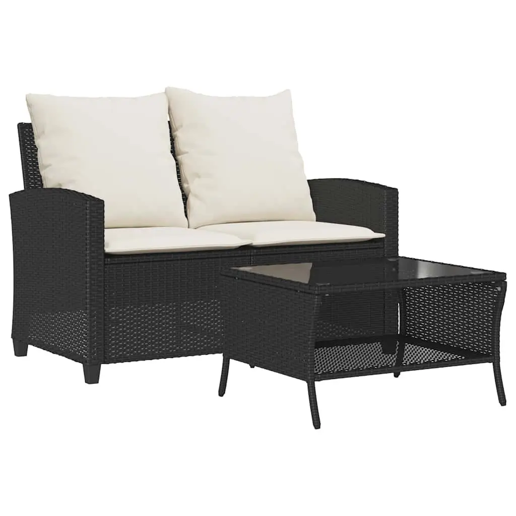 Garden Sofa PE Rattan 2-Seater Black with Cushions and Coffee Table