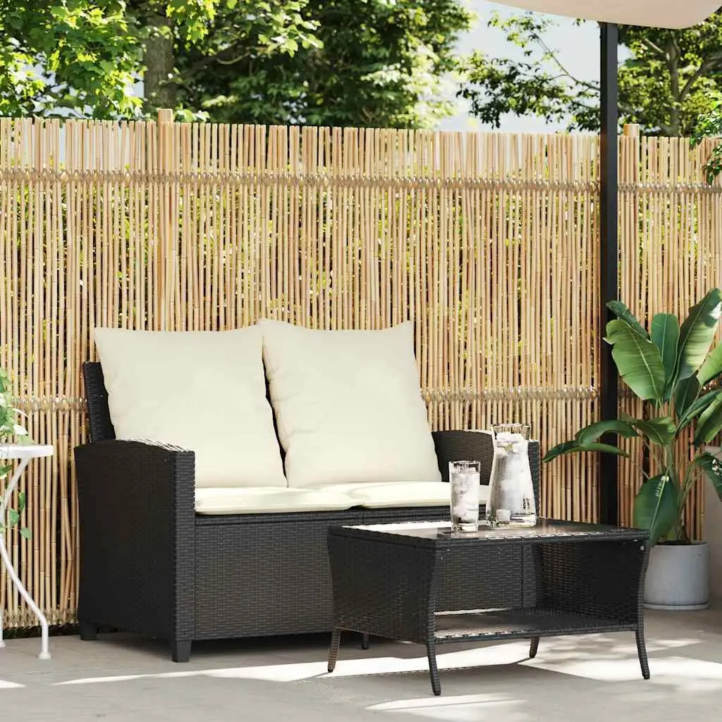 Garden Sofa PE Rattan 2-Seater Black with Cushions and Coffee Table