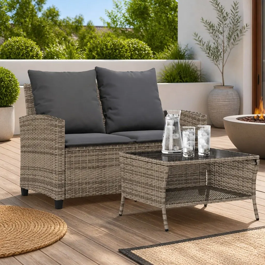 Garden Sofa 2-Seater Outdoor Furniture Set with Cushions Table Grey