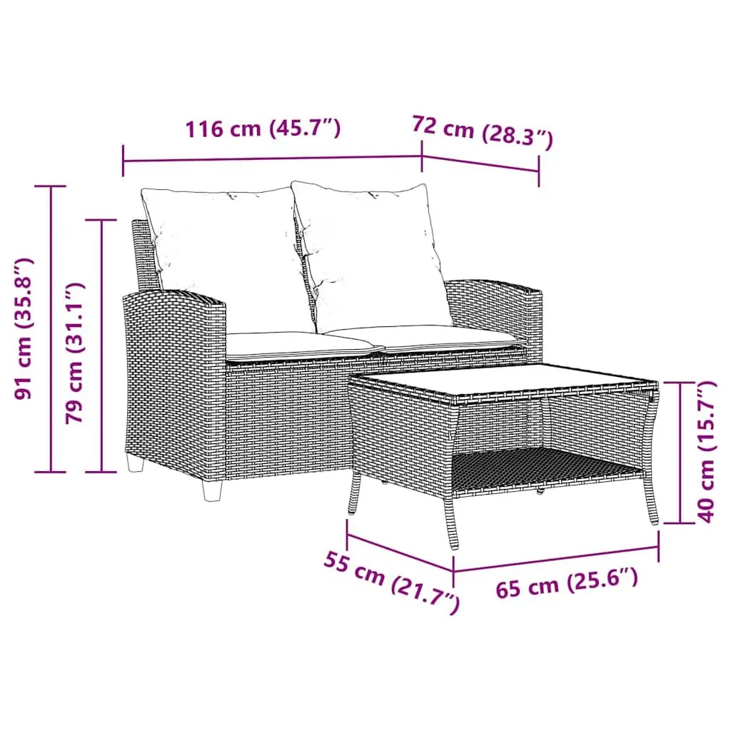 Garden Sofa 2-Seater Outdoor Furniture Set with Cushions Table Grey
