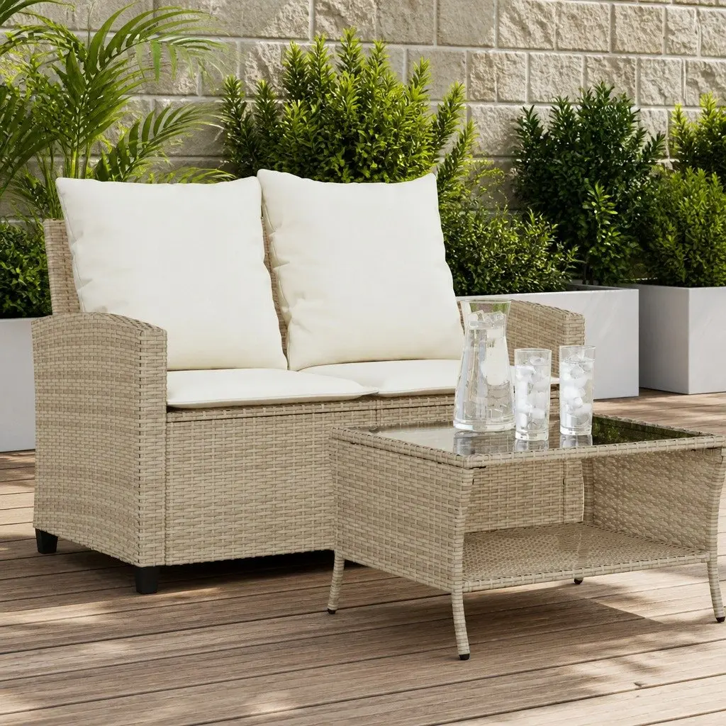 Garden Sofa PE Rattan 2-Seater Outdoor Lounge with Cushions Glass Table Beige