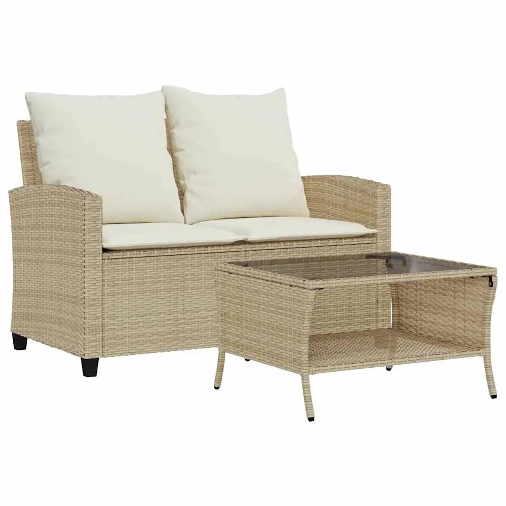 Garden Sofa PE Rattan 2-Seater Outdoor Lounge with Cushions Glass Table Beige