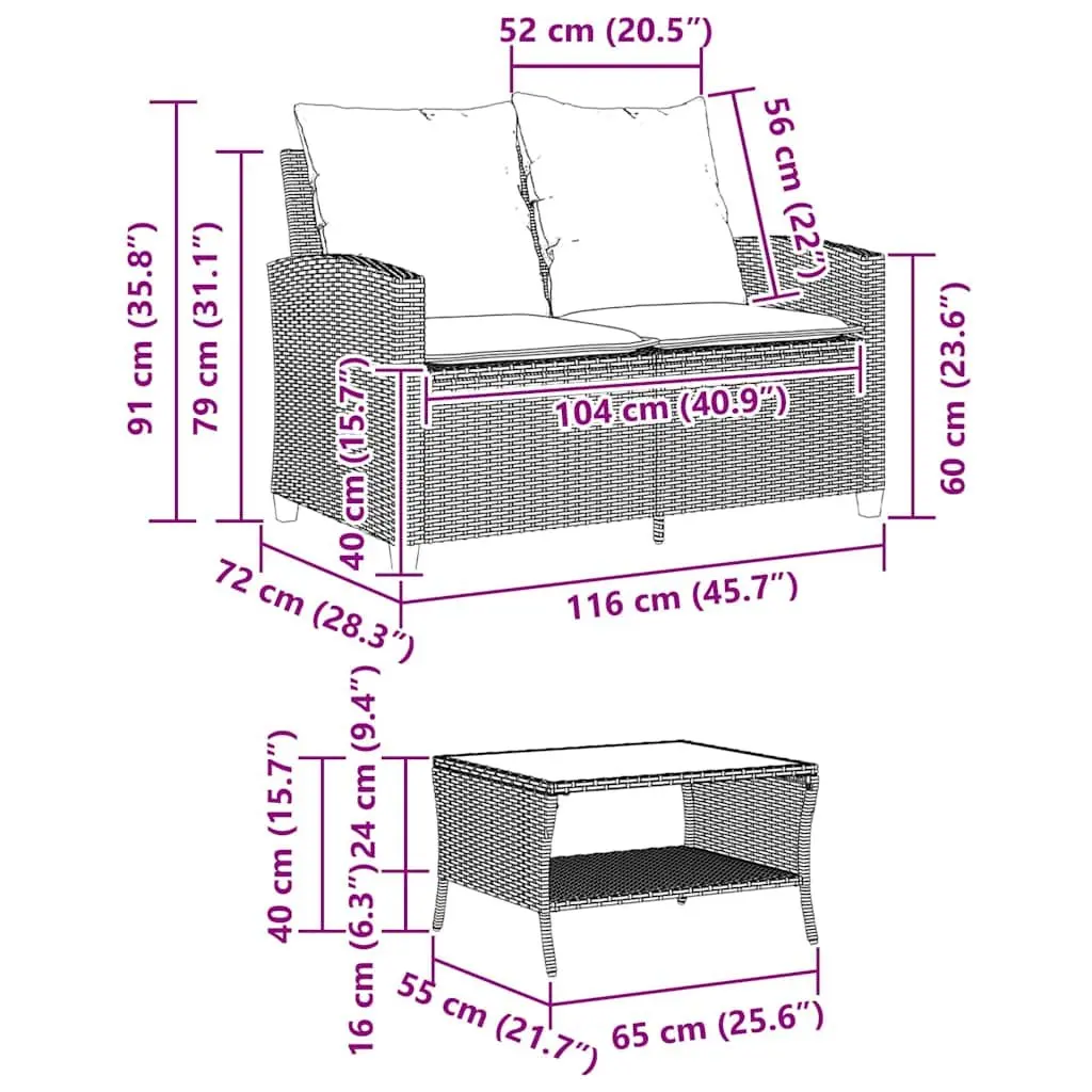 Garden Sofa PE Rattan 2-Seater Outdoor Lounge with Cushions Glass Table Beige