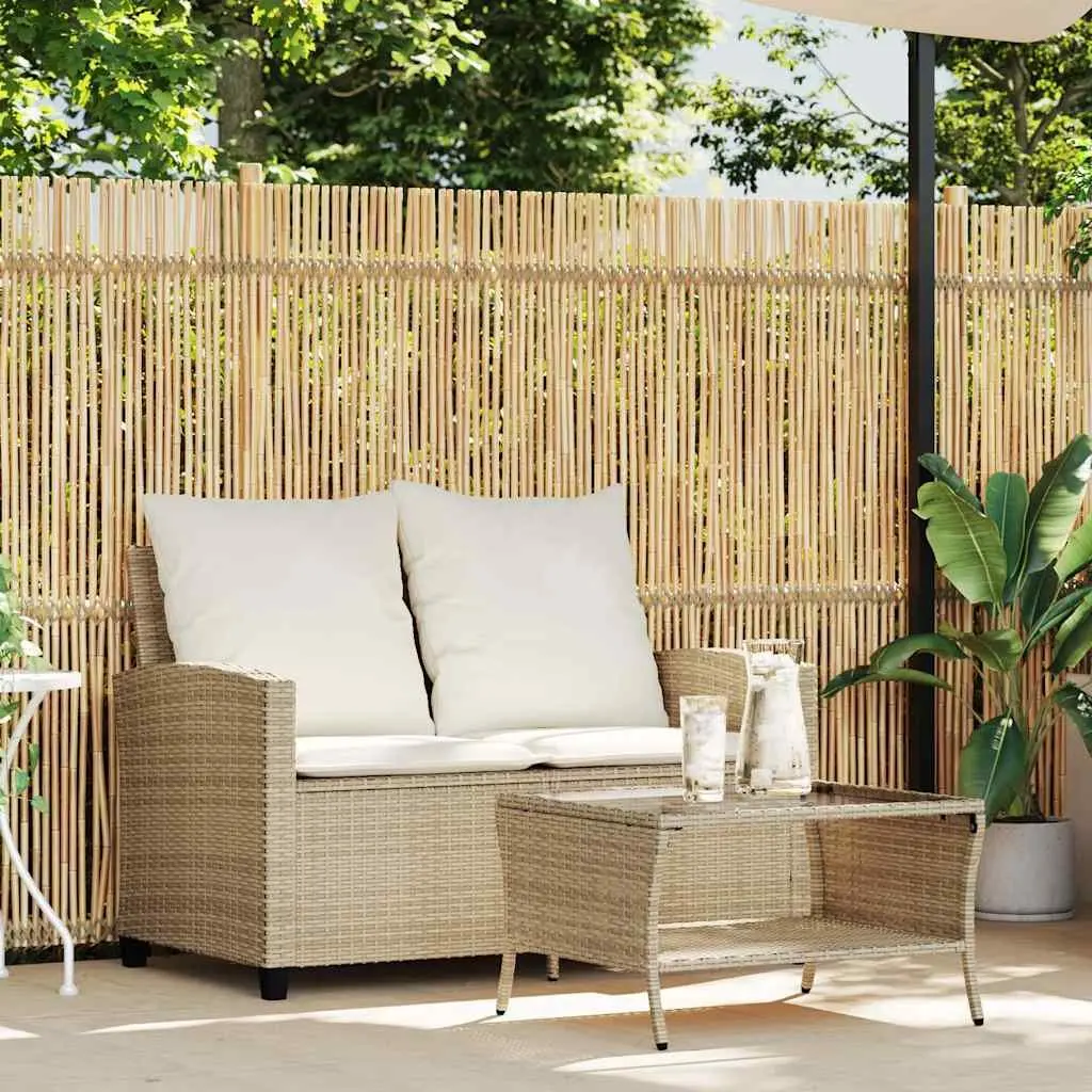 Garden Sofa PE Rattan 2-Seater Outdoor Lounge with Cushions Glass Table Beige
