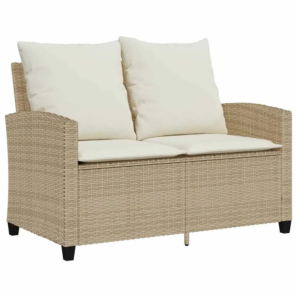 Garden Sofa PE Rattan 2-Seater Outdoor Lounge with Cushions Glass Table Beige