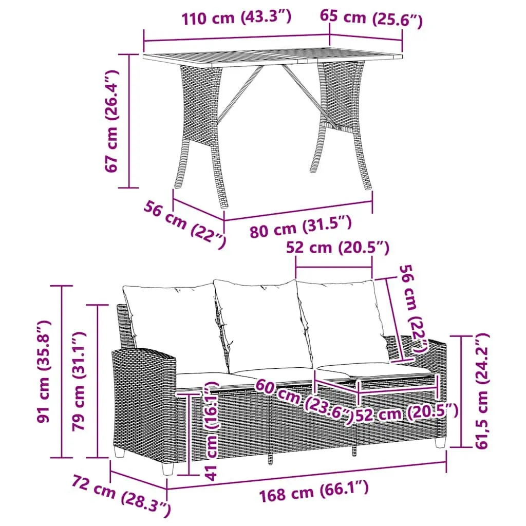 Garden Sofa 3-Seater with Cushions & Table Black Poly Rattan Outdoor Furniture