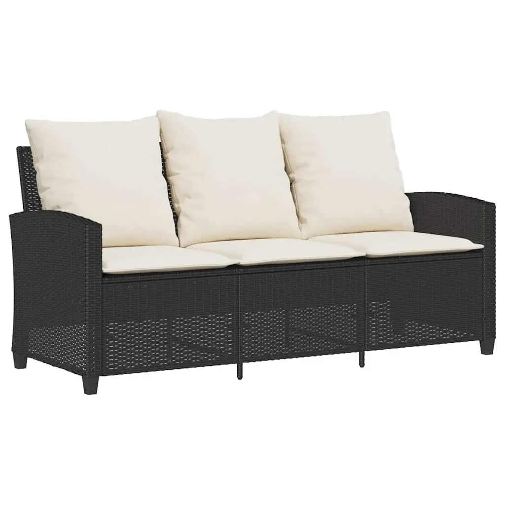 Garden Sofa 3-Seater with Cushions & Table Black Poly Rattan Outdoor Furniture
